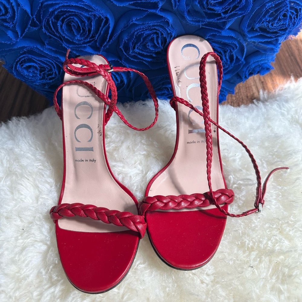 - [ ] Gucci Braided leather sandals red  tap need repairs size 39 authentic